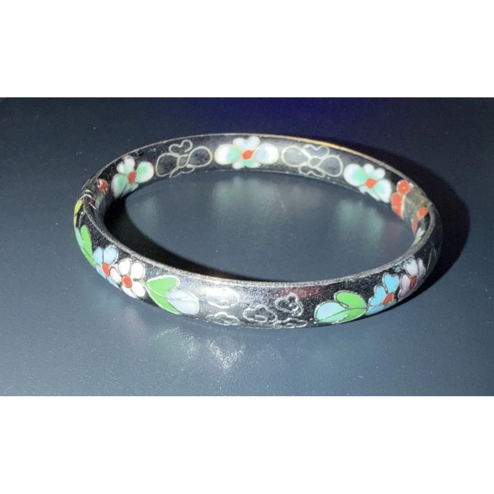 Vtg Asian Style Cloisonne Enamel Brass Bangle F Bracelet Floral Black Red Green